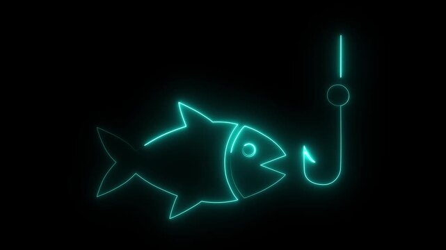 Glowing neon line Fishing hook icon isolated on black background. 4K Video motion graphic animation.