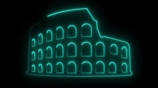 Glowing neon line Coliseum in Rome, Italy icon isolated on black background. Colosseum sign. Symbol of Ancient Rome, gladiator fights. 4K Video motion graphic animation