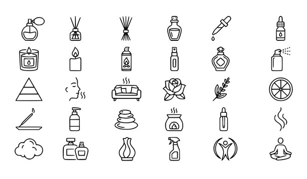 Aromatherapy and Essential Oil Line Icon Collection with Bottles Diffuser Candles and Spa Accessories
