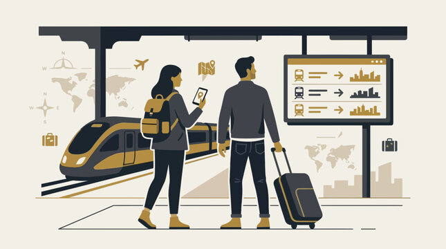 Couples at train station, travel planning with phone, modern train and departures board