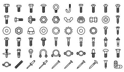 Mechanical Fastener Outline Icon Collection Featuring Bolts Nuts Screws Washers Rivets and Hardware Components © Crafts Home