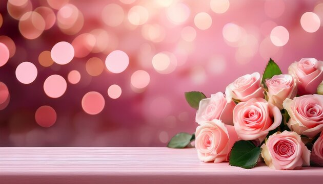 Fondo Rosa Con Bokeh Y Bouquet De Rosas Sobre Mesa Con Espacio Vacio Concepto San Valentin Dia E La Madre Celebraciones