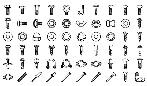 Mechanical Fastener Outline Icon Collection Featuring Bolts Nuts Screws Washers Rivets and Hardware Components