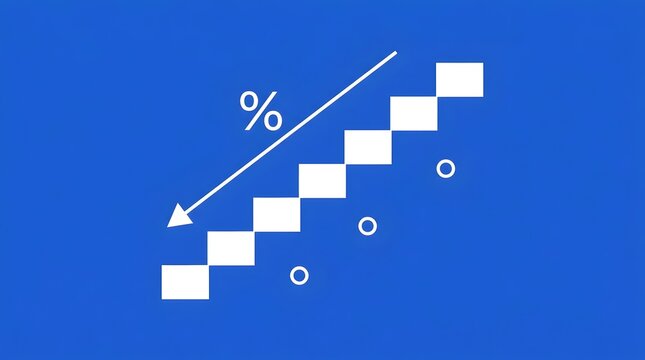 Minimalist financial chart with descending arrow and percentage symbol on blue background. Business concept of falling interest rates, economic decline