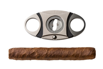 Isolated premium metal cigar cutter with sharp blade and classic unlit brown tobacco cigar © Niamh