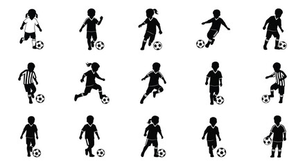 Fototapeta premium Soccer players with balls in dynamic poses black silhouette athlete