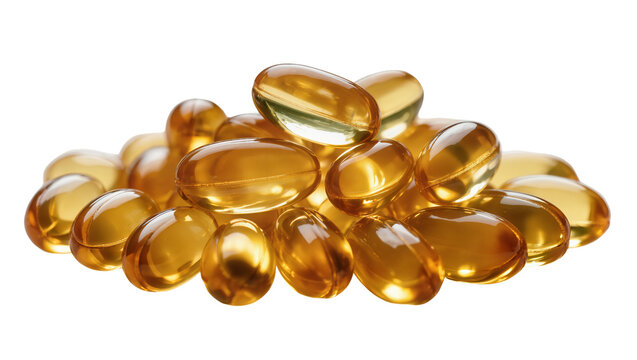 Isolated stack of transparent golden softgel capsules, essential health and nutrition supplements