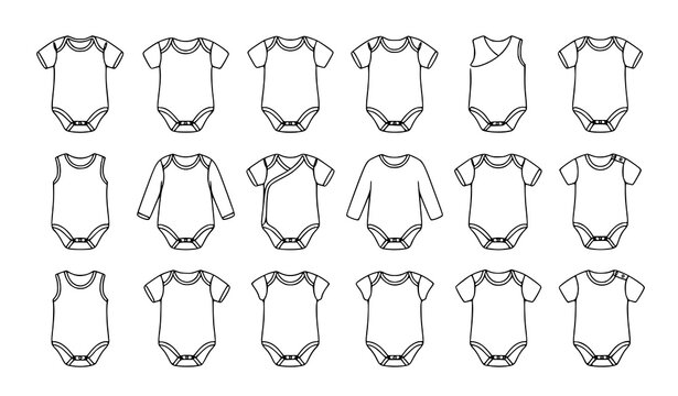 Baby Bodysuit Outline Mockup Collection Featuring Infant Onesie Clothing Apparel and Fashion Template Designs