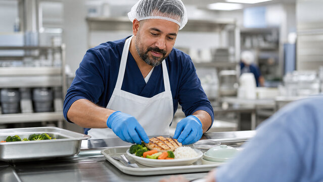Male hospital food service worker plating a healthy meal on a patient tray in a modern kitchen, healthcare dining, nutritional food preparation, hospital staff