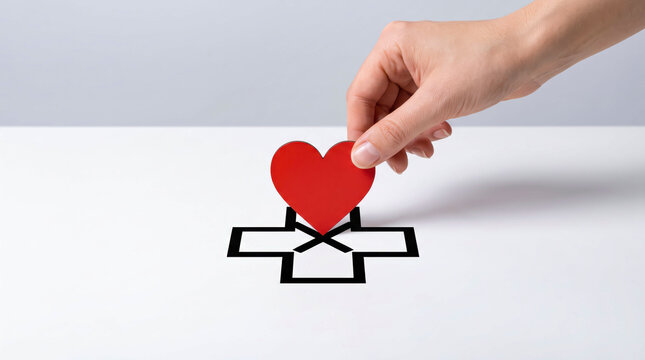 Hand placing red heart into paper box symbol