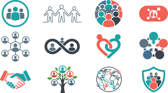 Business community vector icon set for team unity partnership networking corporate diversity global connection and collaboration concepts