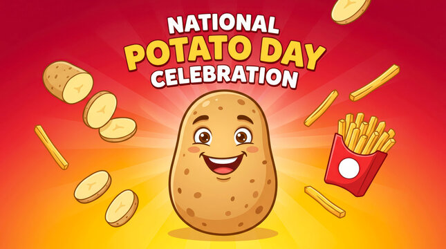 Happy potato character celebrating national potato day with fries and chips