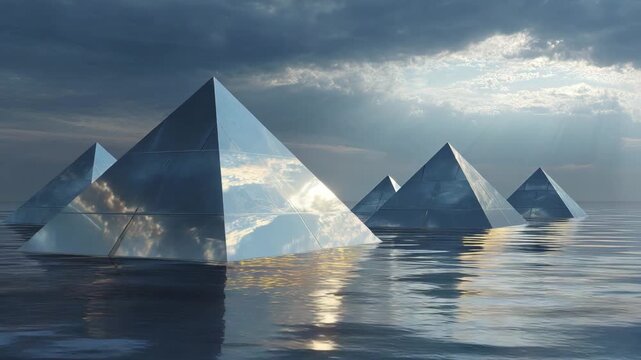 Floating mirrored pyramids casting shifting light reflections across ocean