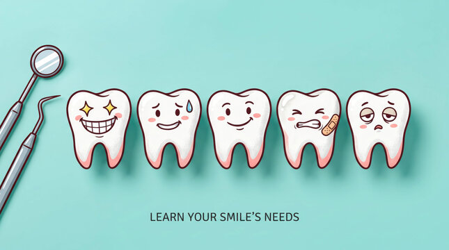 Illustrated teeth with dental mirror showing smile emotions