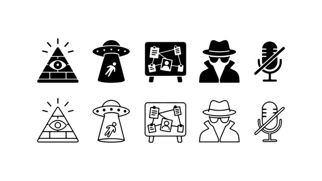Conspiracy Theory and Mystery Icon Set in Silhouette and Outline Vector
