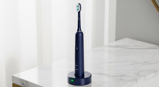 A dark blue electric toothbrush on its charging stand placed on a bright marble surface against a clean white curtain background