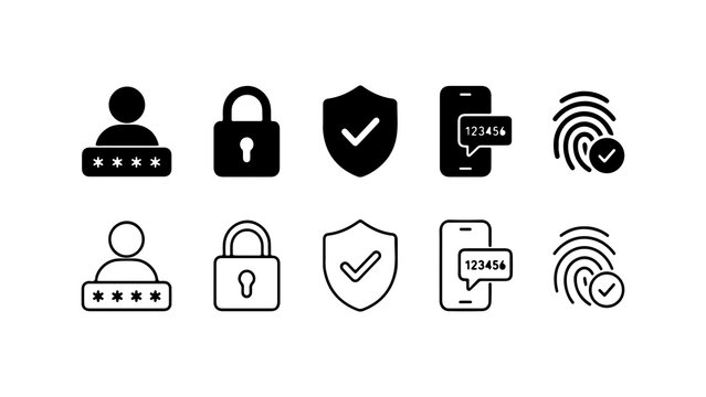 Security and Authentication Icon Set in Silhouette and Outline Style