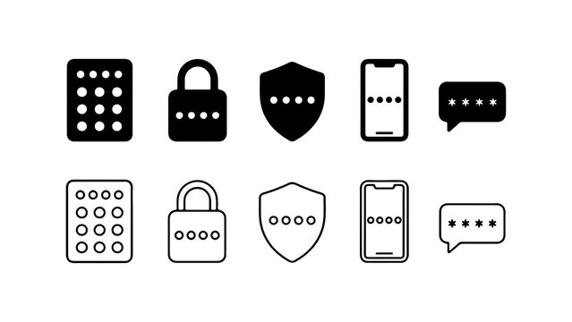 Security Password PIN Code Icon Set in Solid Silhouette and Outline Style