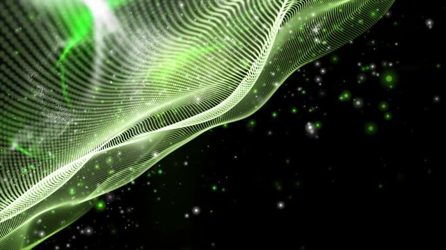Futuristic eco video animation with wave object and glitter particles in slow motion, 4096x2304 loop 4K