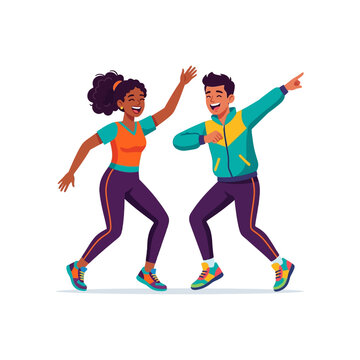 Energetic Young Man and Woman Dancing Together in Sportswear Illustration