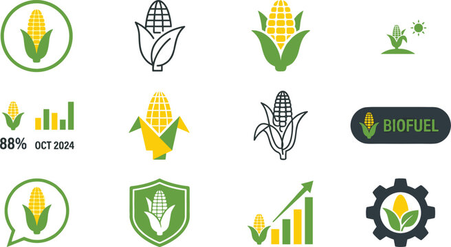 Corn agriculture vector icon set featuring maize cob biofuels market growth statistics charts shield and renewable energy logo designs