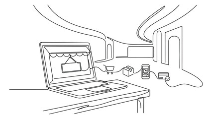 Fototapeta premium Continuous line drawing of online shopping concept with laptop and delivery icons