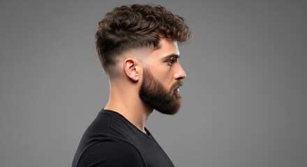 Obraz premium Profile side view of a handsome young man with a modern faded haircut and a thick beard against a solid grey background