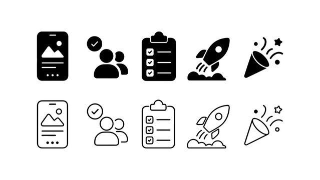 Business and Project Launch Glyph and Outline Icon Set