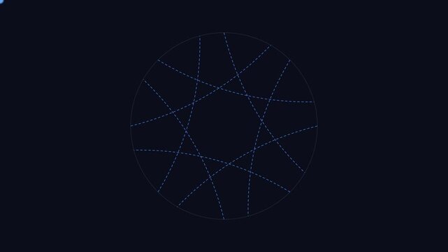 Abstract geometric circle animation with intersecting blue dashed lines on dark 4k background