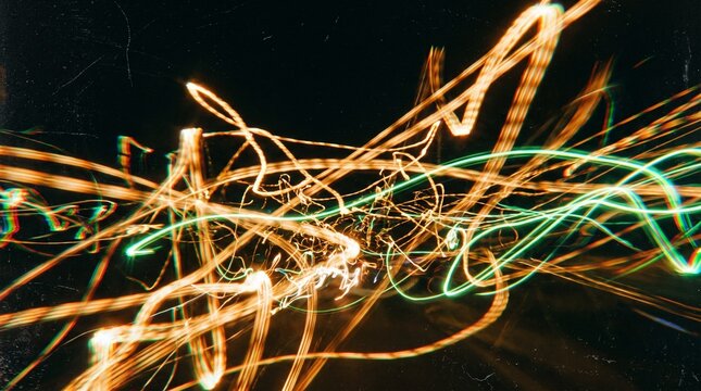 Vibrant abstract streaks of golden and neon green light create a dynamic motion blur effect against a deep dark background
