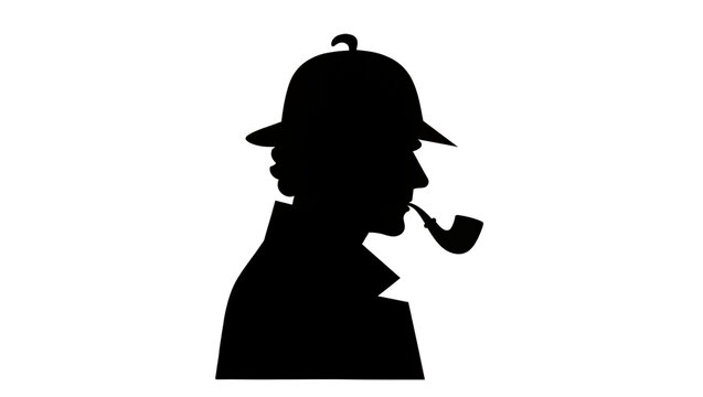 Isolated silhouette of a classic detective wearing a deerstalker hat and smoking a pipe.