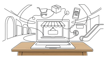 Fototapeta premium Online shopping concept with laptop and e-commerce icons in continuous line drawing style