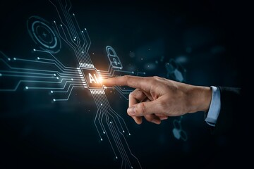 Fototapeta premium Hand touching a glowing digital artificial intelligence chip on a futuristic dark background