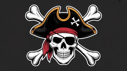 Fototapeta premium Pirate skull mascot wearing a tricorn hat and eye patch with crossbones on a dark background