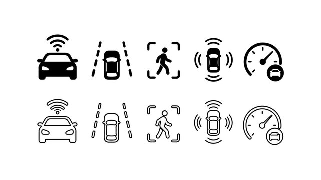 Autonomous Vehicle Driver Assistance System Icon Set in Silhouette and Outline Style