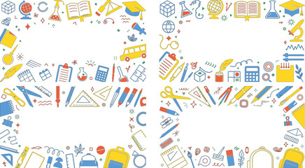 Fototapeta premium Colorful school supplies and education icons arranged in a circle on white background for learning and teaching materials