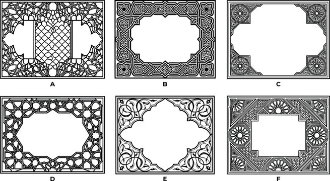 Set of decorative islamic geometric frames and borders transparent background