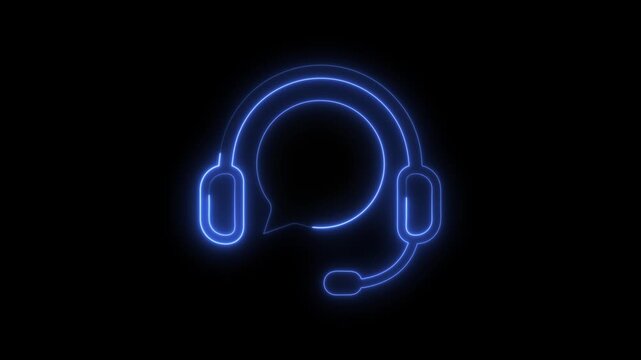 Abstract glowing blue neon outline icon of headphones with a speech bubble symbolizing communication and customer service concept