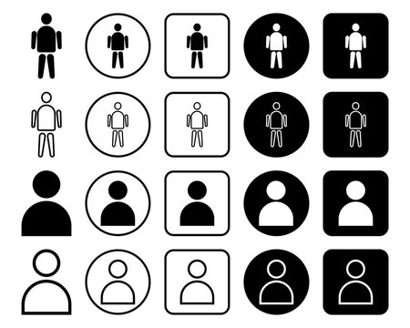 Name and profile icon featuring user silhouette with name or label in outline, circle, rounded square, and filled styles. Transparent background with scalable design.
