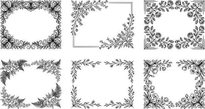 Set of floral frames and botanical decorative borders transparent background