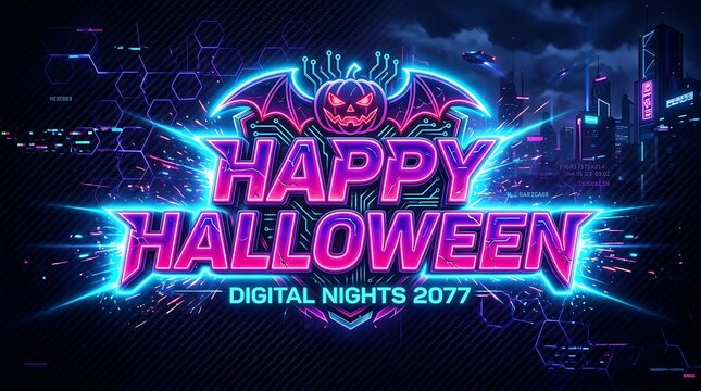 Happy halloween digital nights 2077 neon graphic