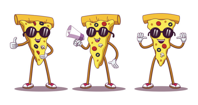 Happy Pizza Cartoon Character set with three Cheerful Mascot Poses