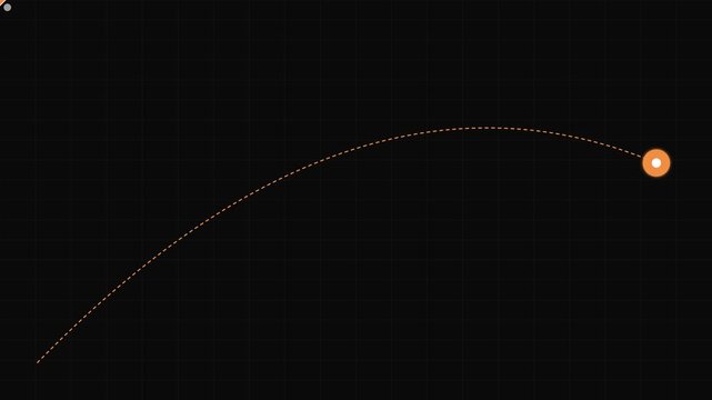 Animated parabolic arc path with glowing point marker on animation 4k black background, trajectory motion
