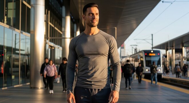 A man walking at a modern train station or airport terminal during sunset, wearing a gray tight long sleeve sports shirt, with blurred people and a train in the background.