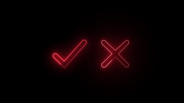 Tick or check mark and cross mark signs neon icon animation. right and wrong animated neon icons, False and true. BLACK .4K