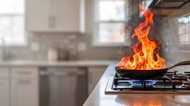 Flames rising from a frying pan on a gas stove in a home kitchen. Cooking oil fire, kitchen emergency, fire safety, household accident and domestic hazard concept
