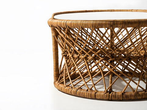 Natural Round Rattan Coffee Table Base | Woven Wicker Furniture with Intricate Lattice Design | Minimalist Bohemian Home Decor on White Background | Artisanal Eco-Friendly Interior Styling Piece