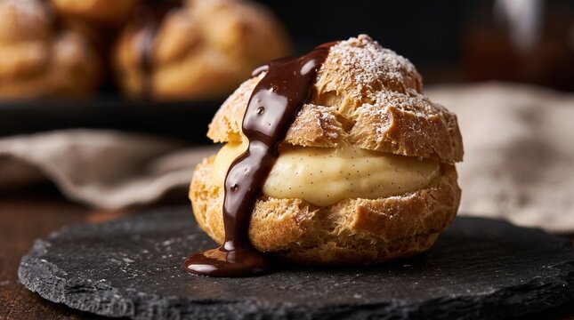 Delicious profiterole filled with cream and drizzled with chocolate sauce