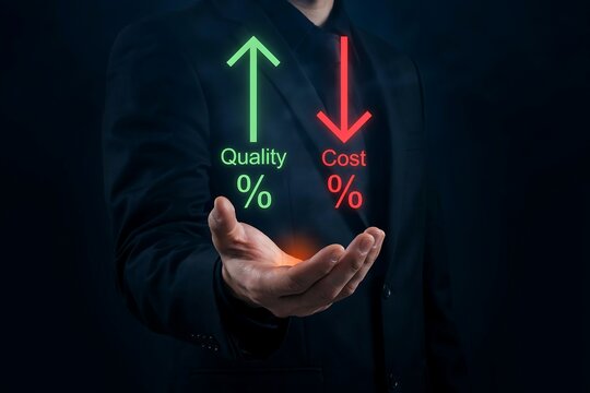 Businessman holding virtual icons showing increasing quality and decreasing cost in business
