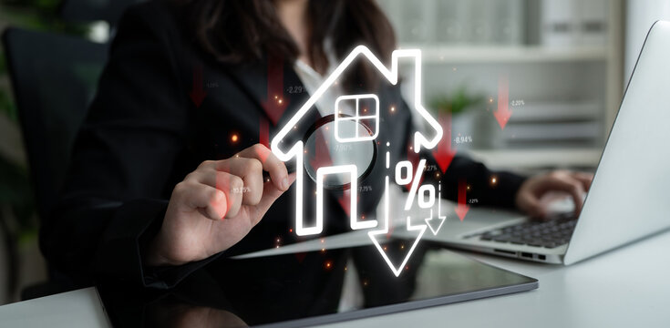 Businesswoman Analyzing Real Estate Market Trends with Digital Interface for Home Investment and Financial Strategy Planning Sigmoid
